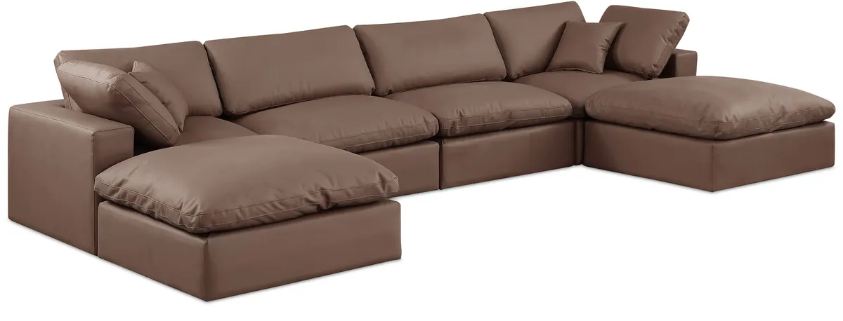 Comfy - 6 Piece Faux Leather Modular Double Chaise Sectional - Brown