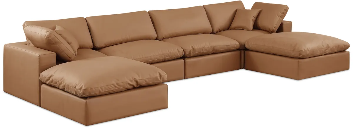 Comfy - 6 Piece Faux Leather Modular Double Chaise Sectional - Cognac