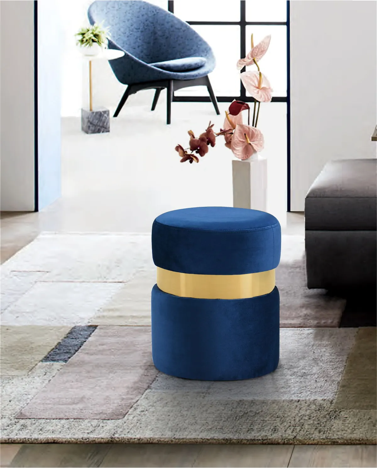 Hailey - Ottoman / Stool - Navy - Fabric - View 2