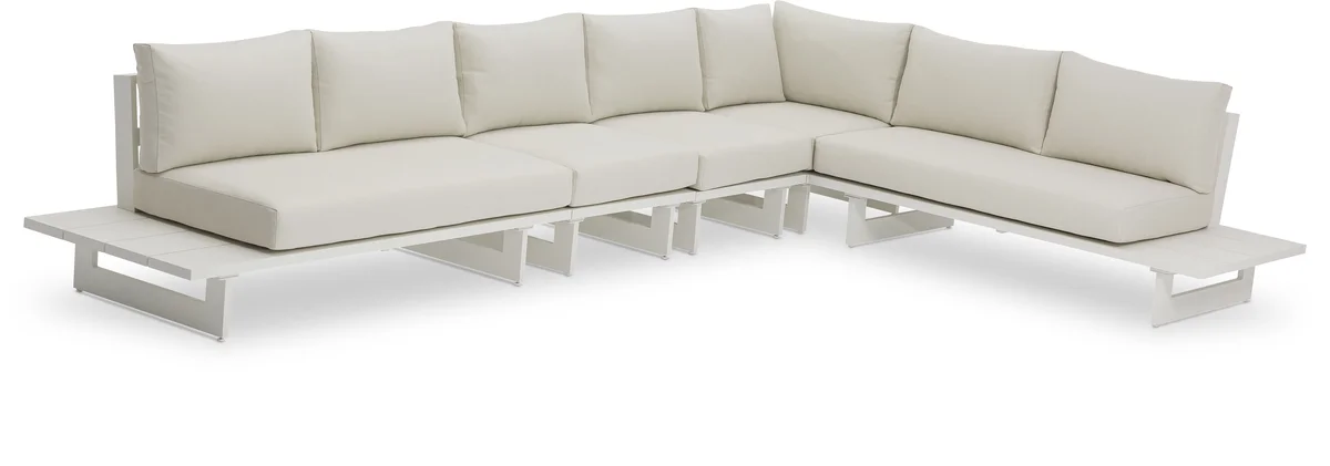 Maldives - 5 Piece Water Resistant Outdoor Patio Modular Right Arm Facing Sectional With White Base - Cream