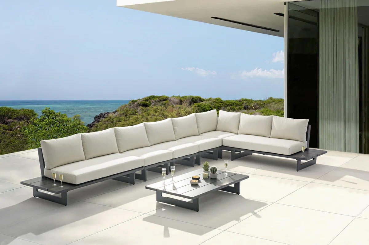 Maldives - 6 Piece Water Resistant Outdoor Patio Modular Right Arm Facing Sectional With Gray Base - Cream - View 2
