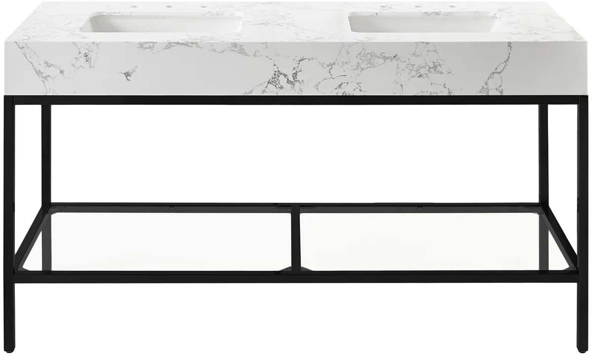 Marmo - 60" Engineered Marble Bathroom Vanity With Black Base - White - View 2