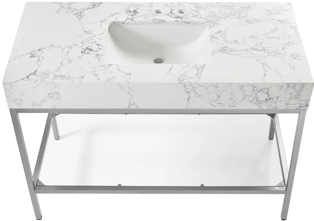 Marmo - 48" Engineered Marble Bathroom Vanity With Chrome Base - White - View 2