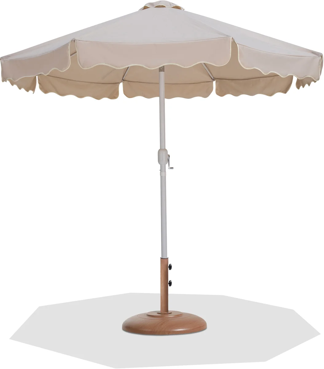 Amalfi - With Cream Piping Aluminum Patio Umbrella With Base - Beige / Teak