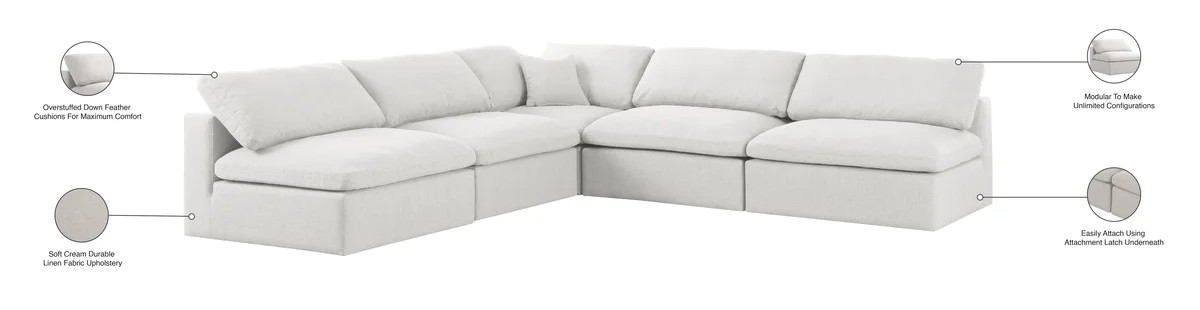 Serene - 5 Piece Modular Corner Armless Sectional - Cream