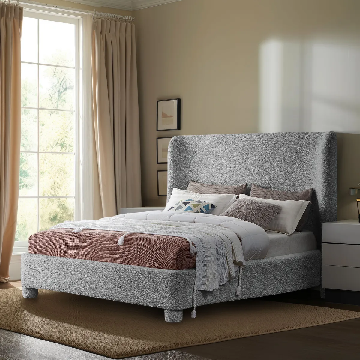 Penny - Boucle Fabric Queen Bed - Gray - View 2