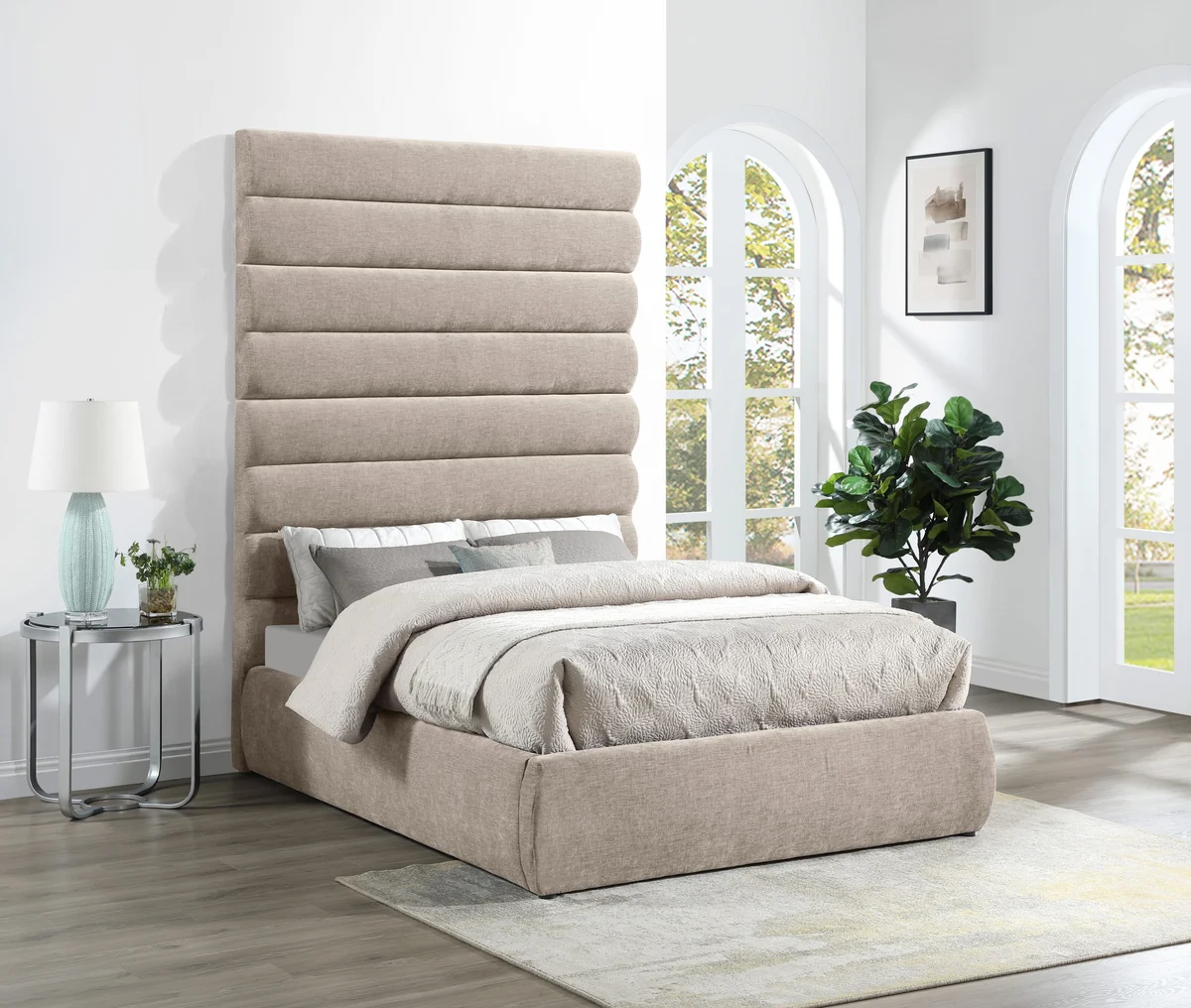 Adam - Chenille Fabric Full Bed With 89" Headboard - Beige - View 2