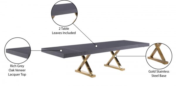 Excel 84" - 123.5" Lacquer Finish Top And Stainless Steel Base 2 Leaf Extendable Dining Table