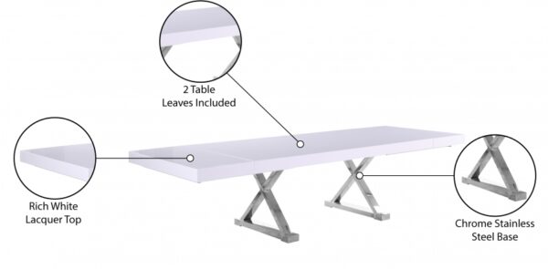 Excel 84" - 123.5" Lacquer Finish Top And Stainless Steel Base 2 Leaf Extendable Dining Table