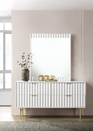 Modernist Wood Veneer And Stainless Steel Base Dresser