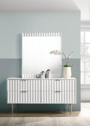 Modernist Wood Veneer And Stainless Steel Base Dresser