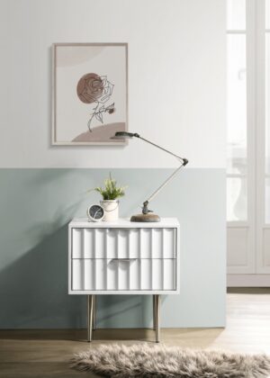 Modernist Wood Veneer And Stainless Steel Base Nightstand