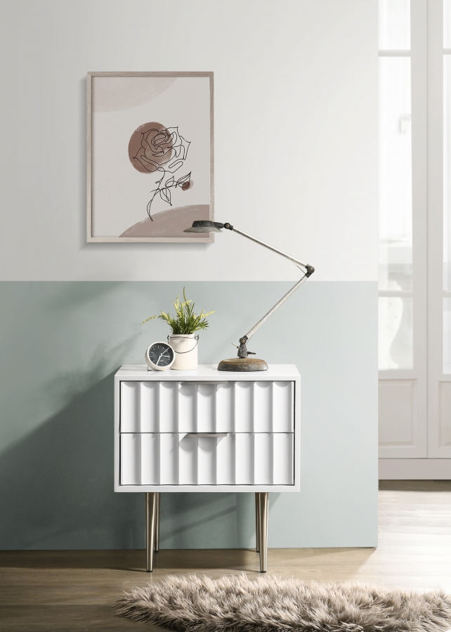 Modernist Wood Veneer And Stainless Steel Base Nightstand