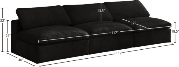 Cozy 117" Velvet Upholstered Overstuffed Fiber Filled Comfort Comfort 3pc. Armless Modular Sofa