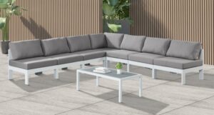 Nizuc 120" Water Resistant Fabric Upholstered Outdoor Patio 7pc. Modular Sectional