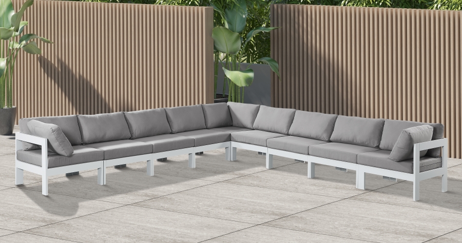 Nizuc 150" Water Resistant Fabric Upholstered Outdoor Patio 9pc. Modular Sectional