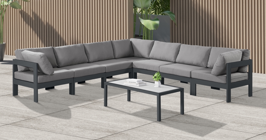 Nizuc 120" Water Resistant Fabric Upholstered Outdoor Patio 7pc. Modular Sectional