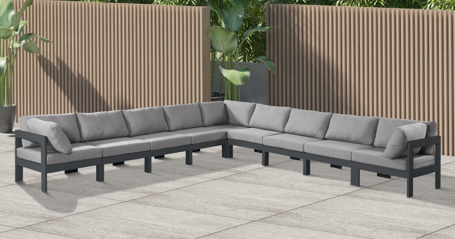 Nizuc 150" Water Resistant Fabric Upholstered Outdoor Patio 9pc. Modular Sectional