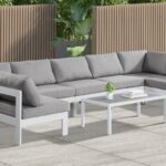 Nizuc 150" Water Resistant Fabric Upholstered Outdoor Patio 7pc. Modular Sectional