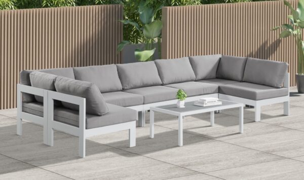 Nizuc 150" Water Resistant Fabric Upholstered Outdoor Patio 7pc. Modular Sectional