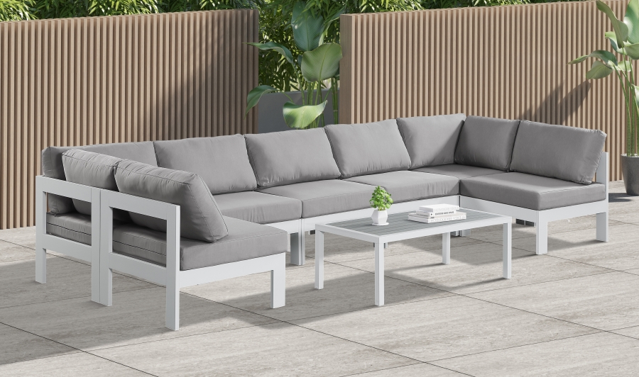 Nizuc 150" Water Resistant Fabric Upholstered Outdoor Patio 7pc. Modular Sectional