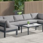 Nizuc 150" Water Resistant Fabric Upholstered Outdoor Patio 7pc. Modular Sectional