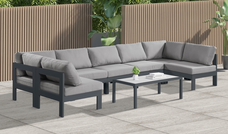 Nizuc 150" Water Resistant Fabric Upholstered Outdoor Patio 7pc. Modular Sectional