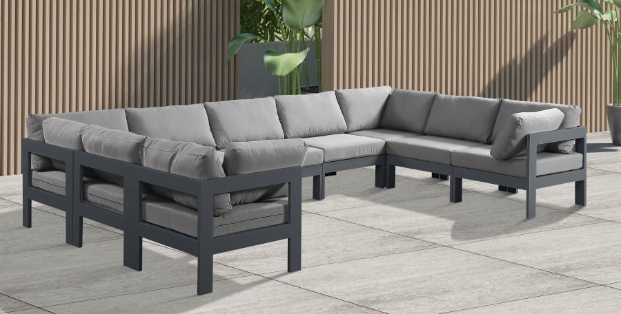Nizuc 150" Water Resistant Fabric Upholstered Outdoor Patio 9pc. Modular Sectional