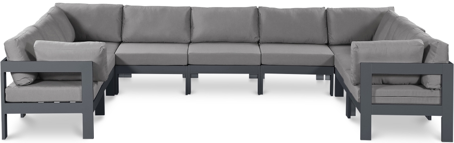 Nizuc 150" Water Resistant Fabric Upholstered Outdoor Patio 9pc. Modular Sectional