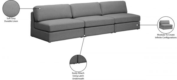 Beckham 114" Linen Textured Fabric Upholstered 3pc. Armless Modular Sofa