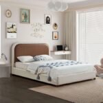 Blake Two Tone Vegan Leather and Linen Textured Fabric Upholstered Bed
