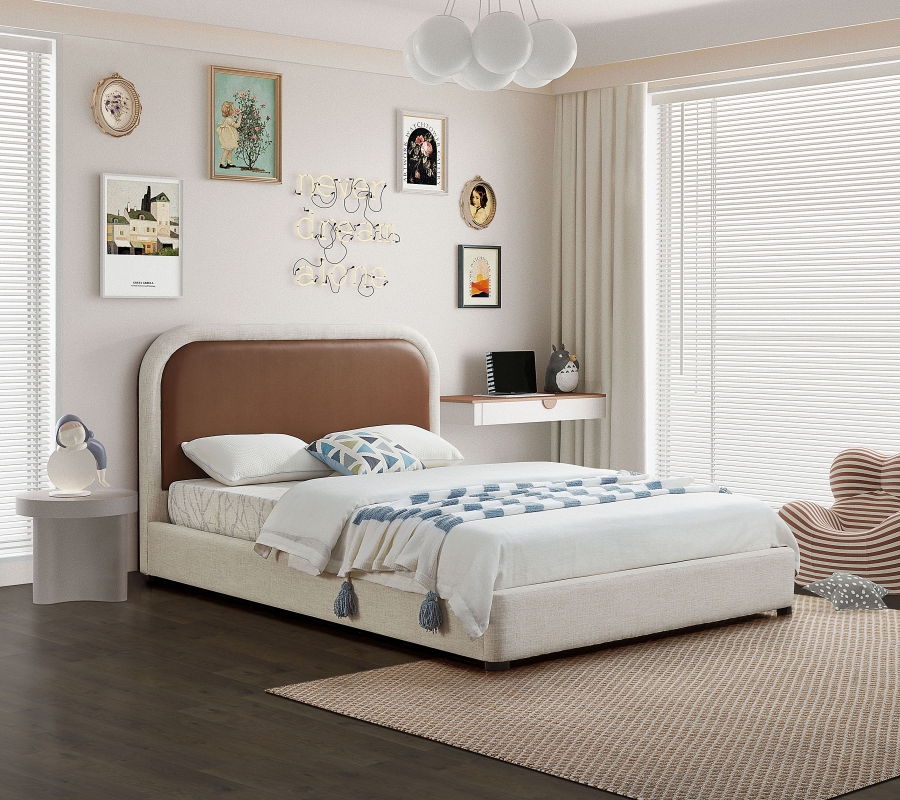 Blake Two Tone Vegan Leather and Linen Textured Fabric Upholstered Bed