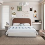 Blake Two Tone Vegan Leather and Linen Textured Fabric Upholstered Bed