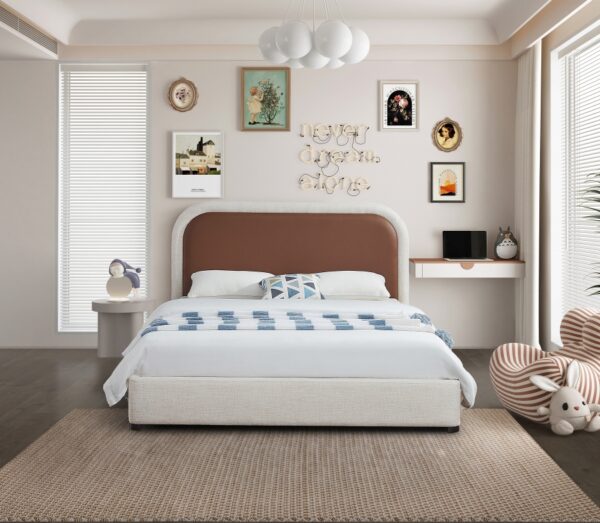 Blake Two Tone Vegan Leather and Linen Textured Fabric Upholstered Bed