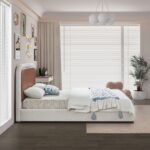 Blake Two Tone Vegan Leather and Linen Textured Fabric Upholstered Bed