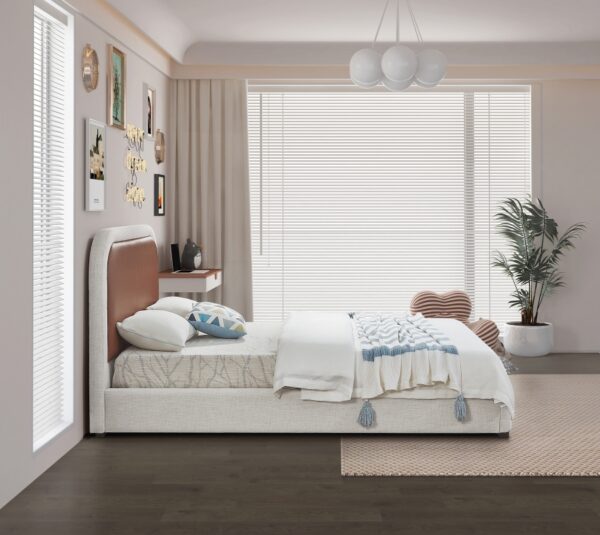 Blake Two Tone Vegan Leather and Linen Textured Fabric Upholstered Bed
