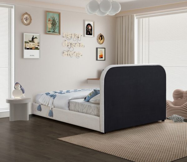 Blake Two Tone Vegan Leather and Linen Textured Fabric Upholstered Bed