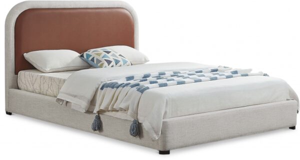 Blake Two Tone Vegan Leather and Linen Textured Fabric Upholstered Bed