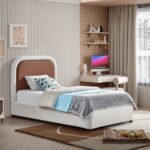 Blake Two Tone Vegan Leather and Linen Textured Fabric Upholstered Bed