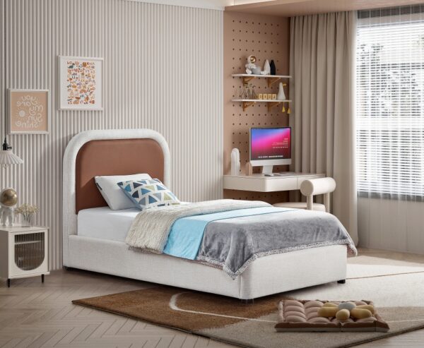 Blake Two Tone Vegan Leather and Linen Textured Fabric Upholstered Bed