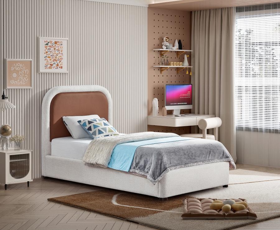 Blake Two Tone Vegan Leather and Linen Textured Fabric Upholstered Bed