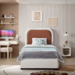 Blake Two Tone Vegan Leather and Linen Textured Fabric Upholstered Bed