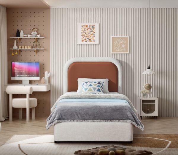 Blake Two Tone Vegan Leather and Linen Textured Fabric Upholstered Bed