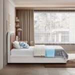 Blake Two Tone Vegan Leather and Linen Textured Fabric Upholstered Bed