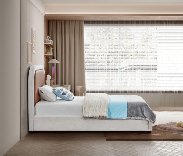 Blake Two Tone Vegan Leather and Linen Textured Fabric Upholstered Bed