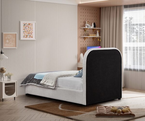 Blake Two Tone Vegan Leather and Linen Textured Fabric Upholstered Bed
