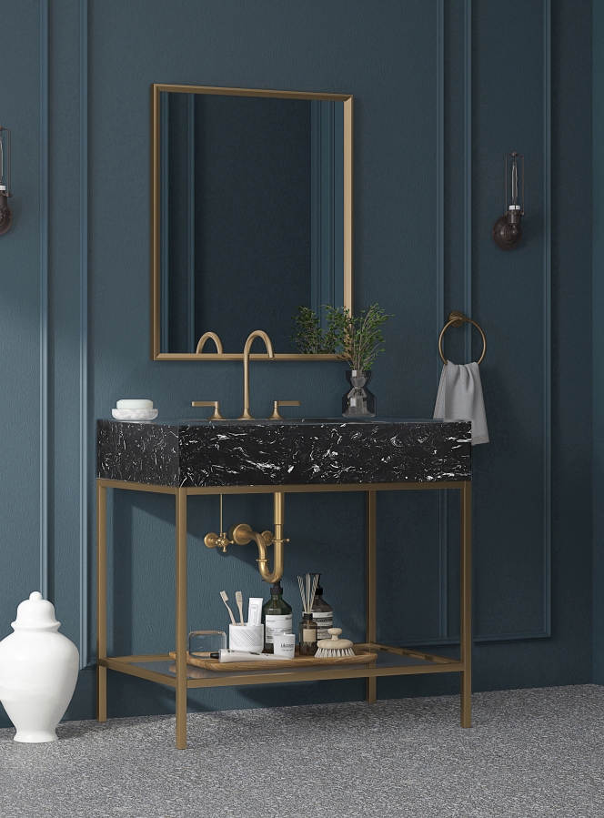 Marmo 36" Engineered Stone Top, Steel And Glass Base Vanity