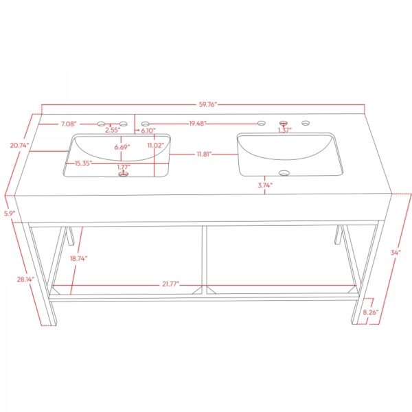 Marmo 60" Engineered Stone Top, Steel And Glass Base Vanity