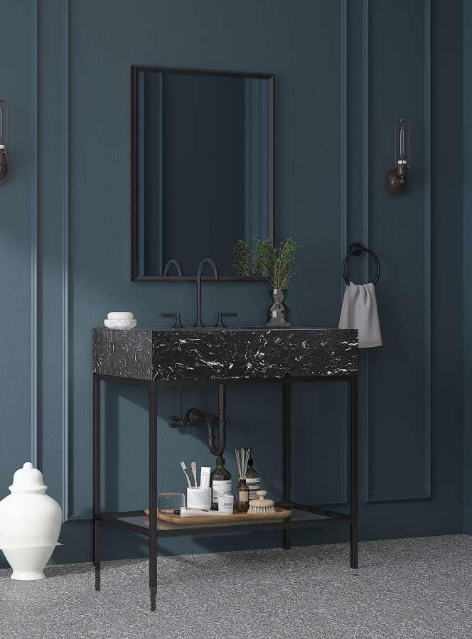 Marmo 30" Engineered Stone Top, Steel And Glass Base Vanity