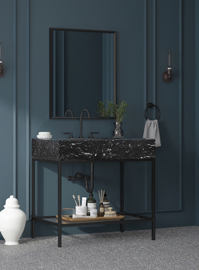 Marmo 36" Engineered Stone Top, Steel And Glass Base Vanity